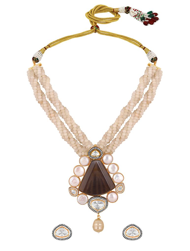 Gold Polished Brass Pearl Natural Stones Kundan Polki Statement Pendant Set : HRNS261