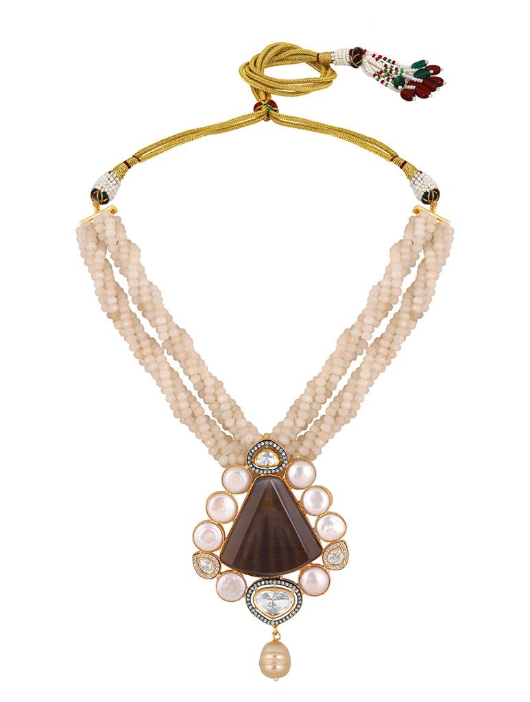 Gold Polished Brass Pearl Natural Stones Kundan Polki Statement Pendant Set : HRNS261