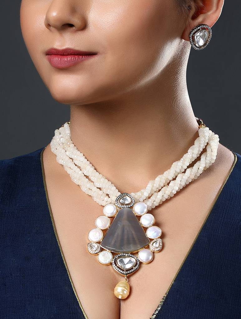 Gold Polished Brass Pearl Natural Stones Kundan Polki Statement Pendant Set : HRNS261