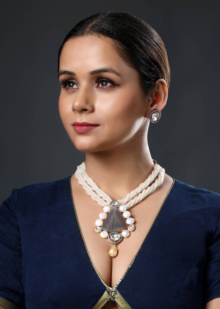 Gold Polished Brass Pearl Natural Stones Kundan Polki Statement Pendant Set : HRNS261