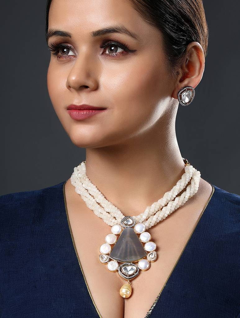 Gold Polished Brass Pearl Natural Stones Kundan Polki Statement Pendant Set : HRNS261