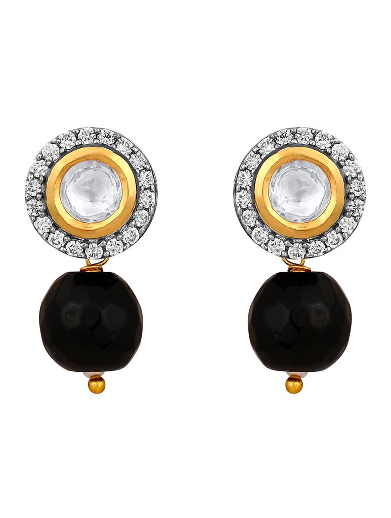 Gold Polished Brass Agate Natural Stones Black Kundan Polki Pendant Set : HRNS263