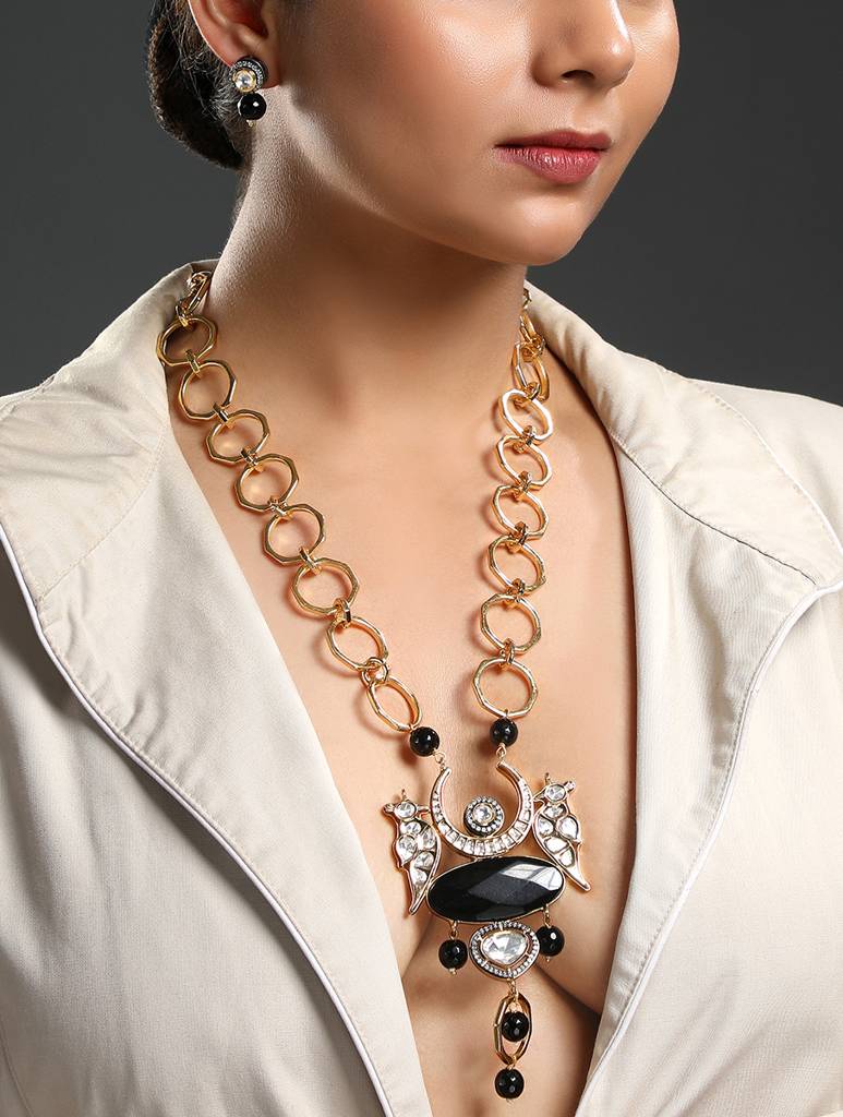 Gold Polished Brass Agate Natural Stones Black Kundan Polki Pendant Set : HRNS263
