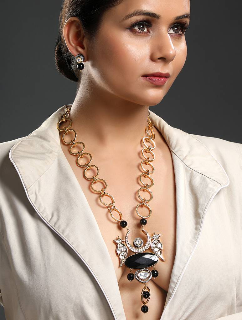 Gold Polished Brass Agate Natural Stones Black Kundan Polki Pendant Set : HRNS263