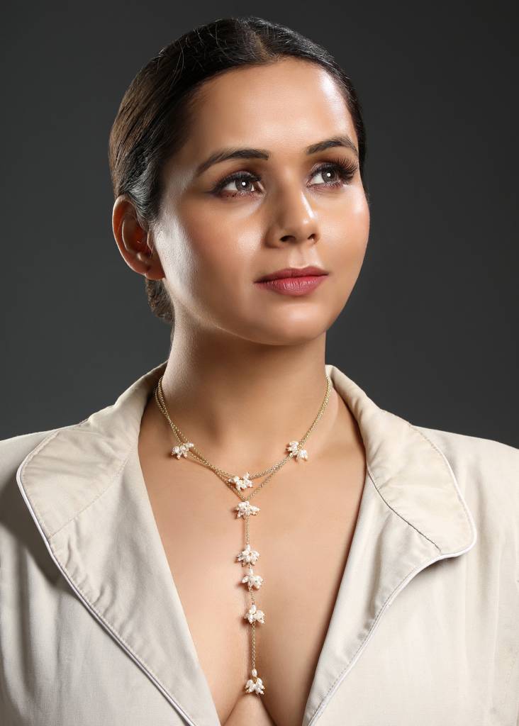 Gold Polished Pearl Long Pendant : HRNS265