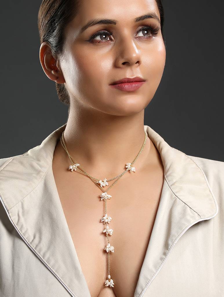 Gold Polished Pearl Long Pendant : HRNS265