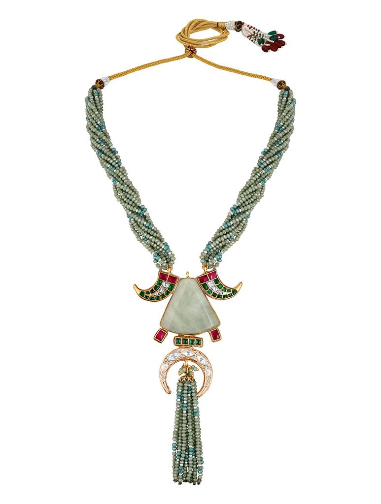 Gold Polished Brass Mosanite Natural Stone Kundan Polki Pendant Set : HRNS266