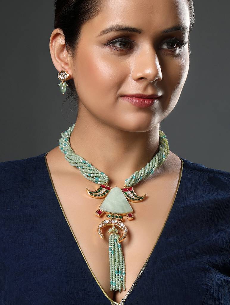 Gold Polished Brass Mosanite Natural Stone Kundan Polki Pendant Set : HRNS266