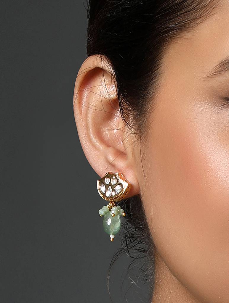 Gold Polished Brass Mosanite Natural Stone Kundan Polki Pendant Set : HRNS266