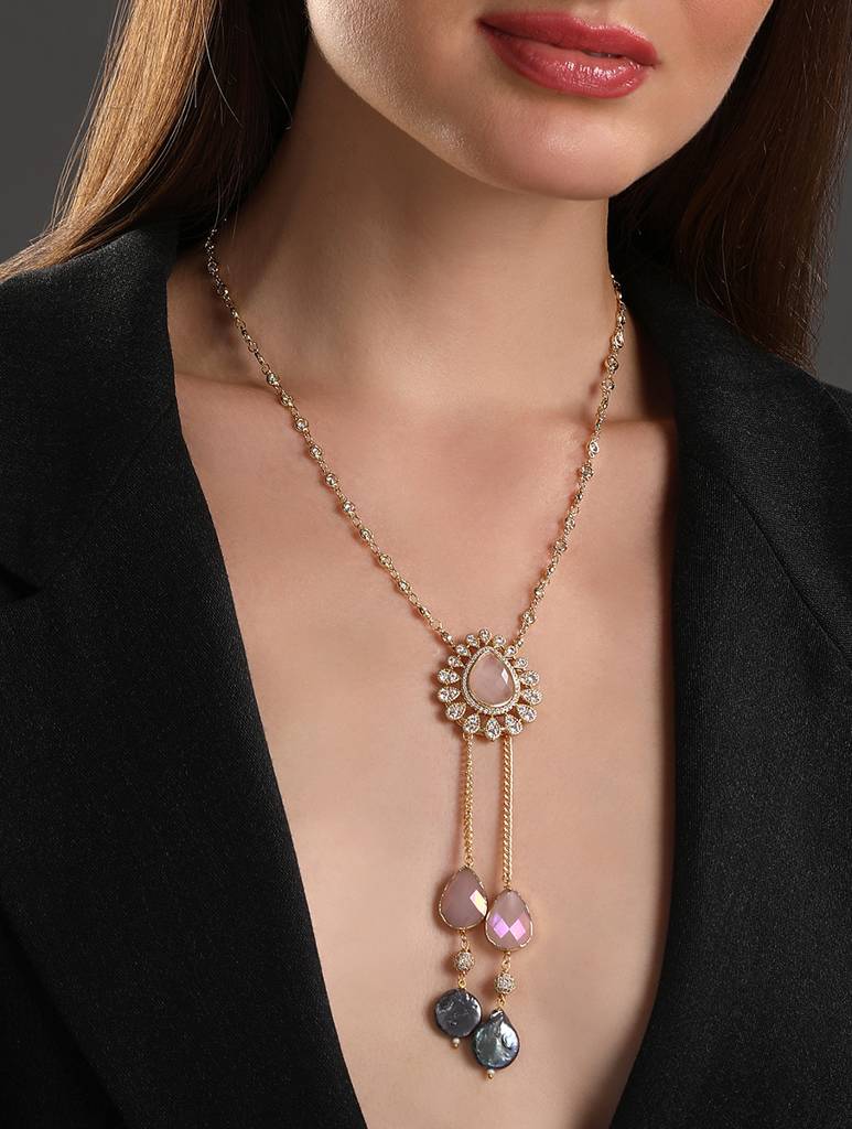 Micron-Gold Polish Onyx Pearl Necklace : HRNS-280