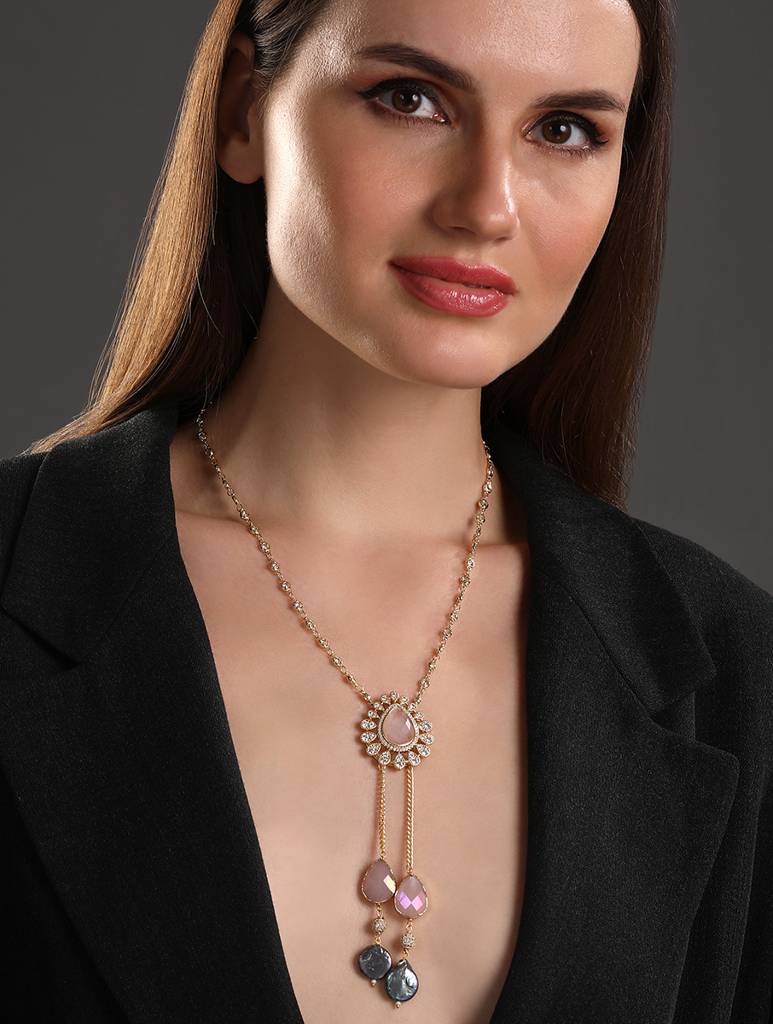 Micron-Gold Polish Onyx Pearl Necklace : HRNS-280