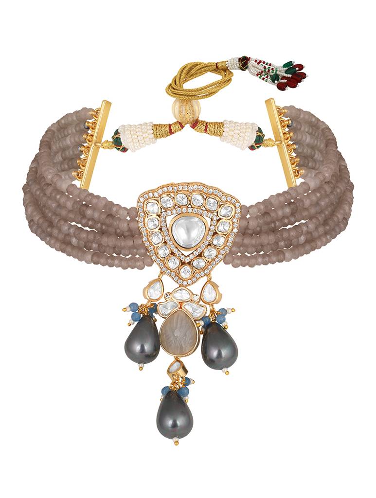 Gold Polished Mosanite Zirconia Kundan Polki Choker Set : HRNS284