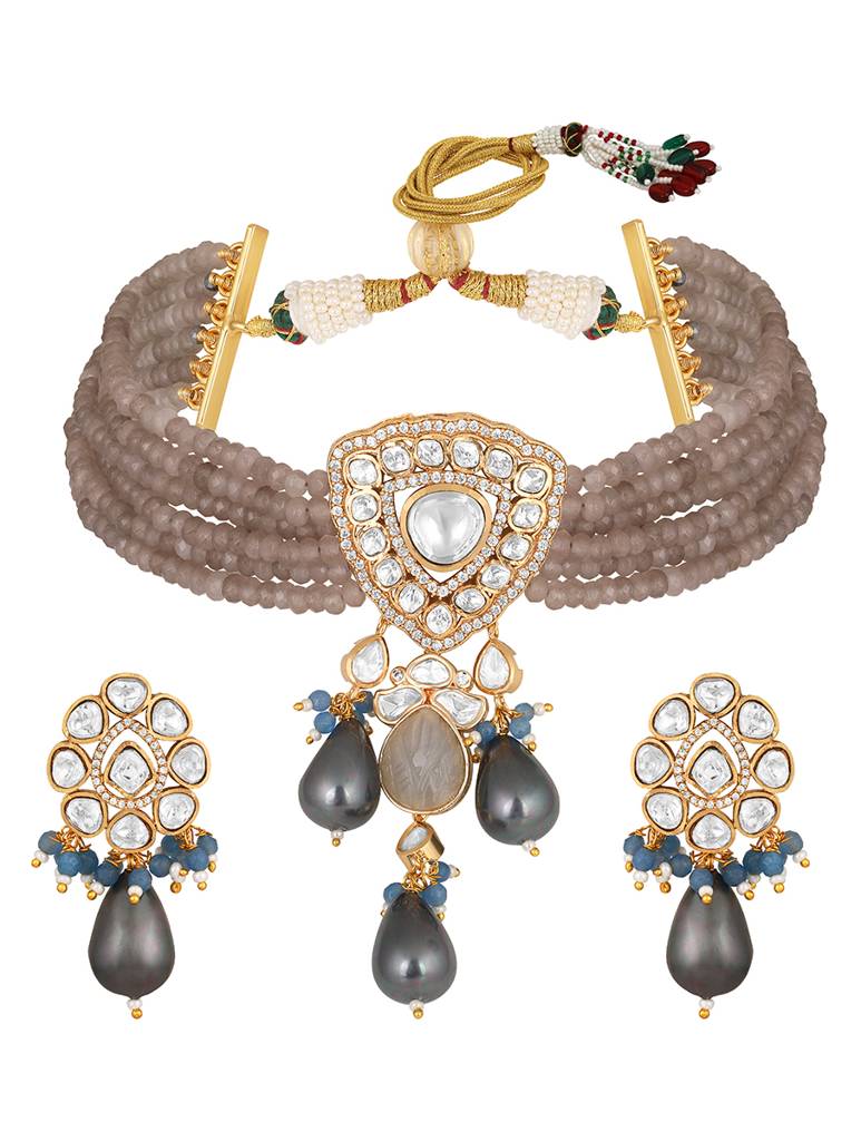 Gold Polished Mosanite Zirconia Kundan Polki Choker Set : HRNS284