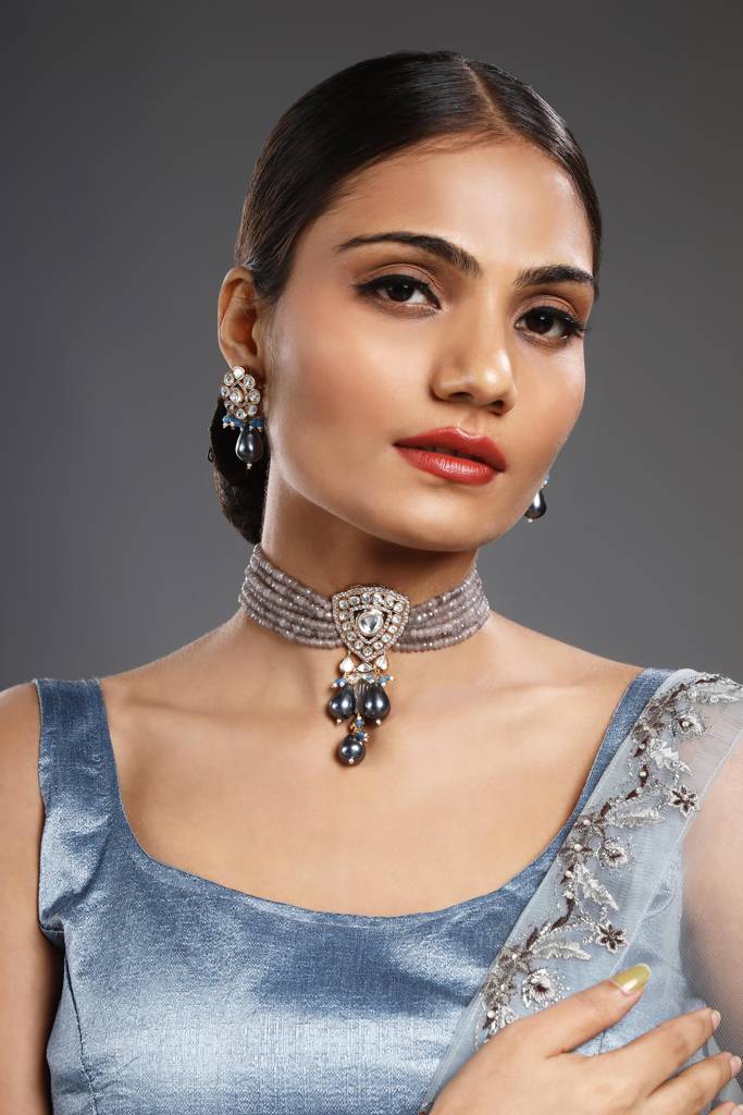 Gold Polished Mosanite Zirconia Kundan Polki Choker Set : HRNS284