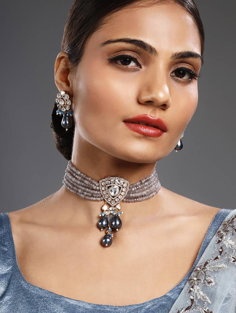 Gold Polished Mosanite Zirconia Kundan Polki Choker Set : HRNS284