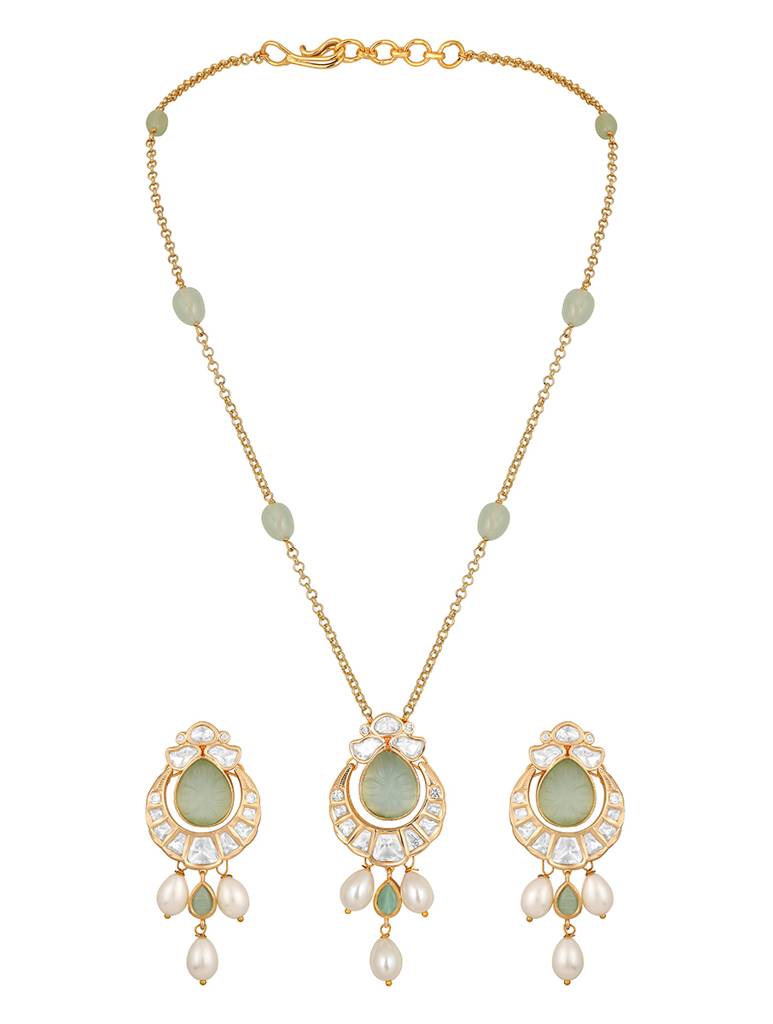 Gold Polished Mosanite Kundan Polki-Pendant Set : HRNS285