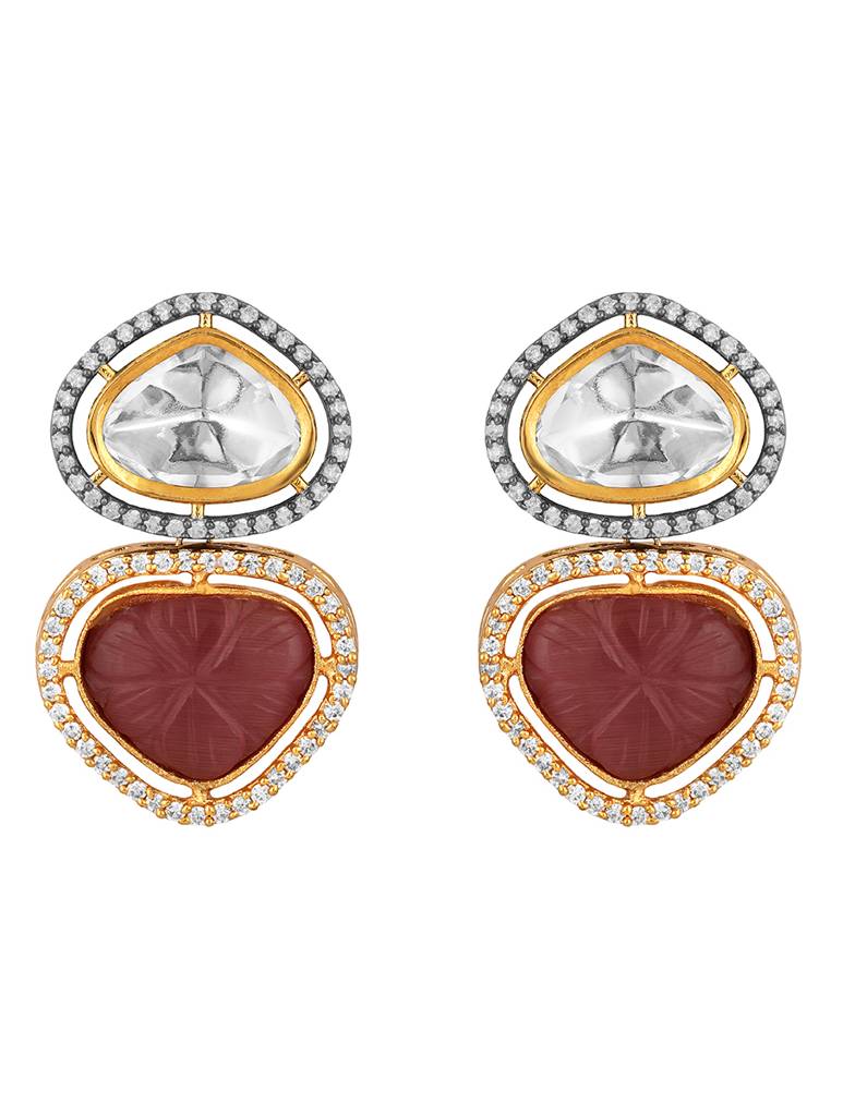 Gold Polished Mosanite Zirconia Kundan Polki Layered Necklace Set : HRNS287