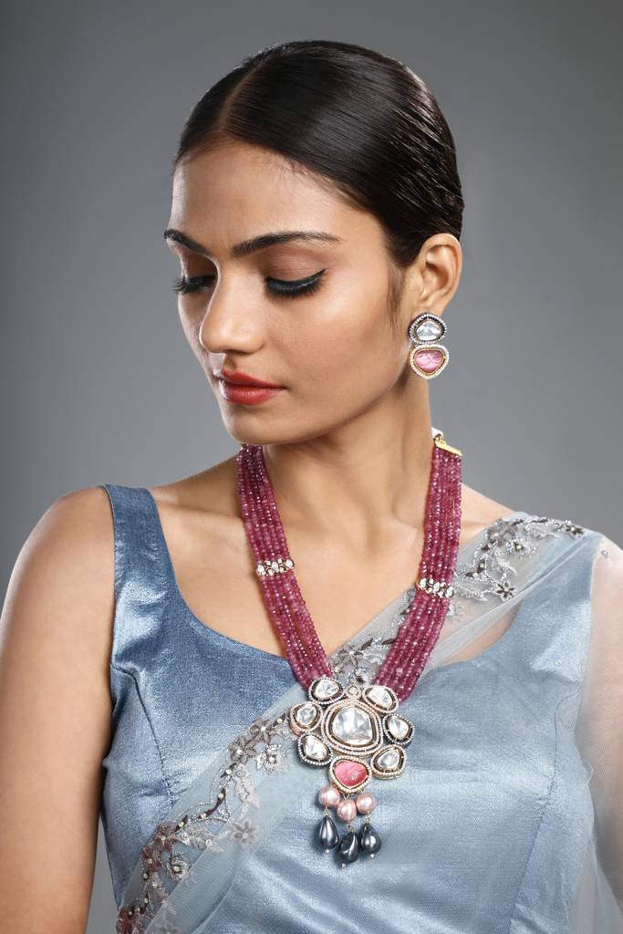 Gold Polished Mosanite Zirconia Kundan Polki Layered Necklace Set : HRNS287