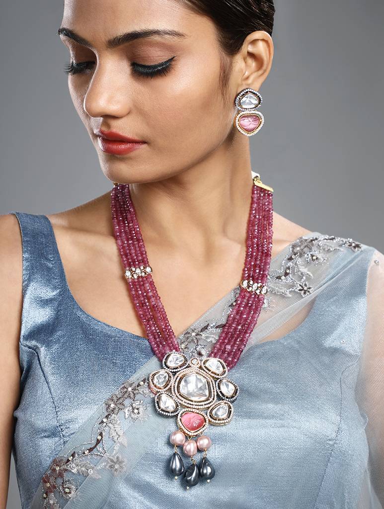 Gold Polished Mosanite Zirconia Kundan Polki Layered Necklace Set : HRNS287