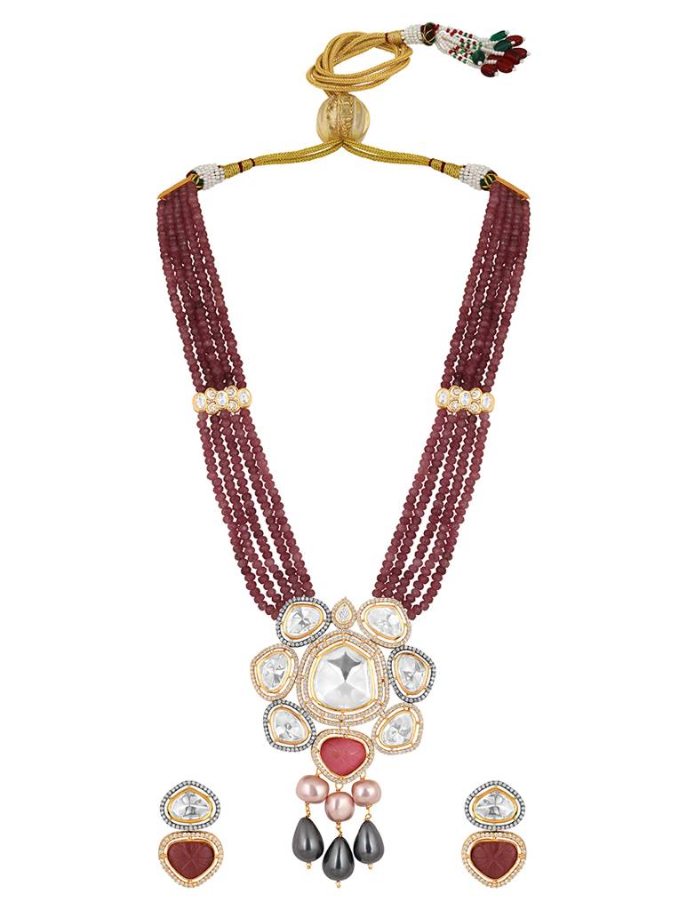 Gold Polished Mosanite Zirconia Kundan Polki Layered Necklace Set : HRNS287