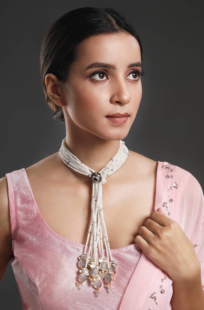 Gold Polished Mosanite Kundan Polki Long Necklace : HRNS292