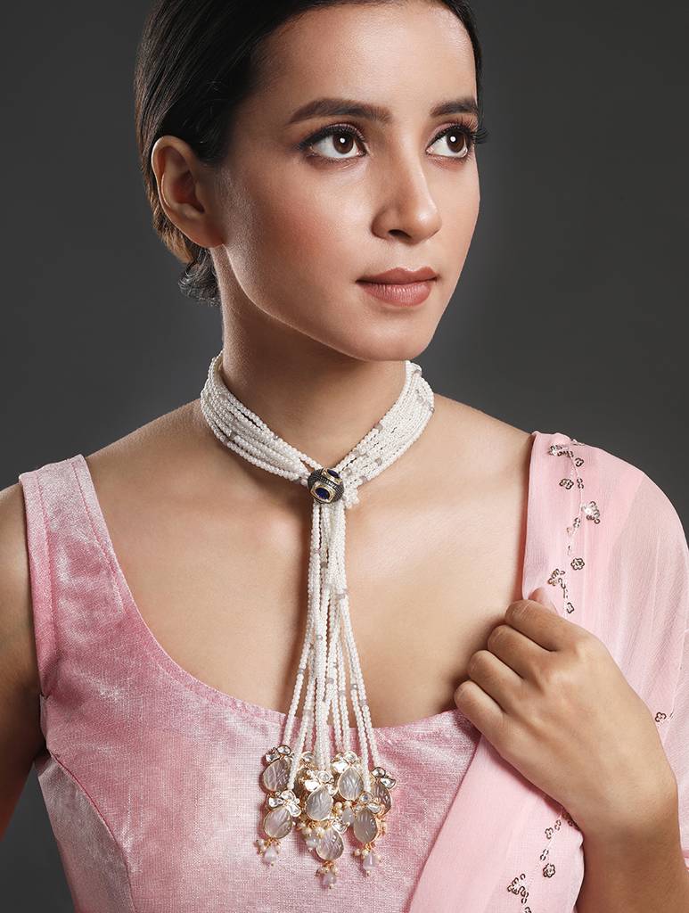 Gold Polished Mosanite Kundan Polki Long Necklace : HRNS292