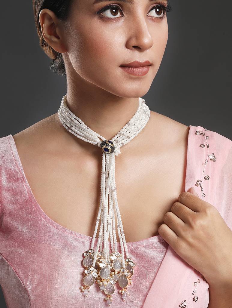 Gold Polished Mosanite Kundan Polki Long Necklace : HRNS292