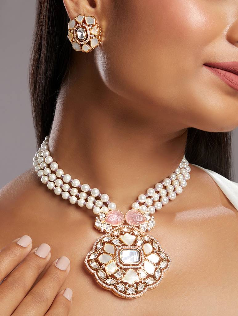 Micron Gold-Polish Zirconia Onyx Pearl Jewellery Sets : HRNS297