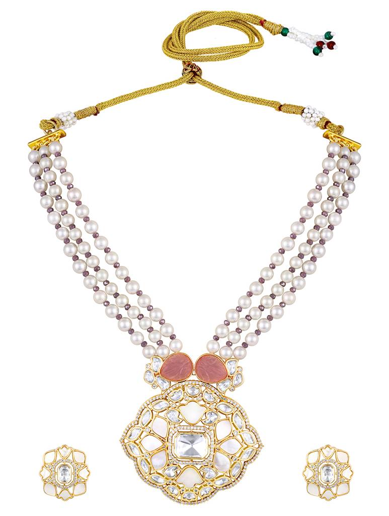 Micron Gold-Polish Zirconia Onyx Pearl Jewellery Sets : HRNS297