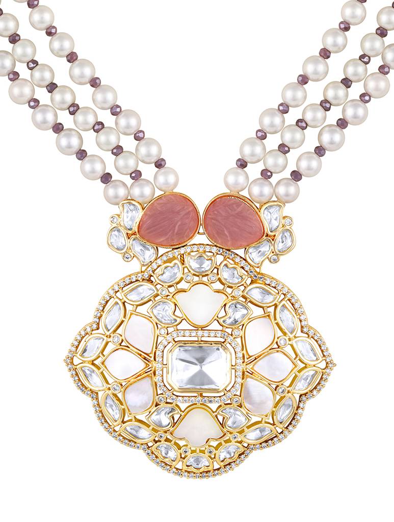 Micron Gold-Polish Zirconia Onyx Pearl Jewellery Sets : HRNS297