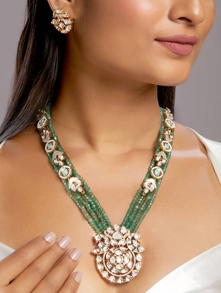 Micron Gold Polish Zirconia Agate Pearl Jewellery Sets : HRNS304