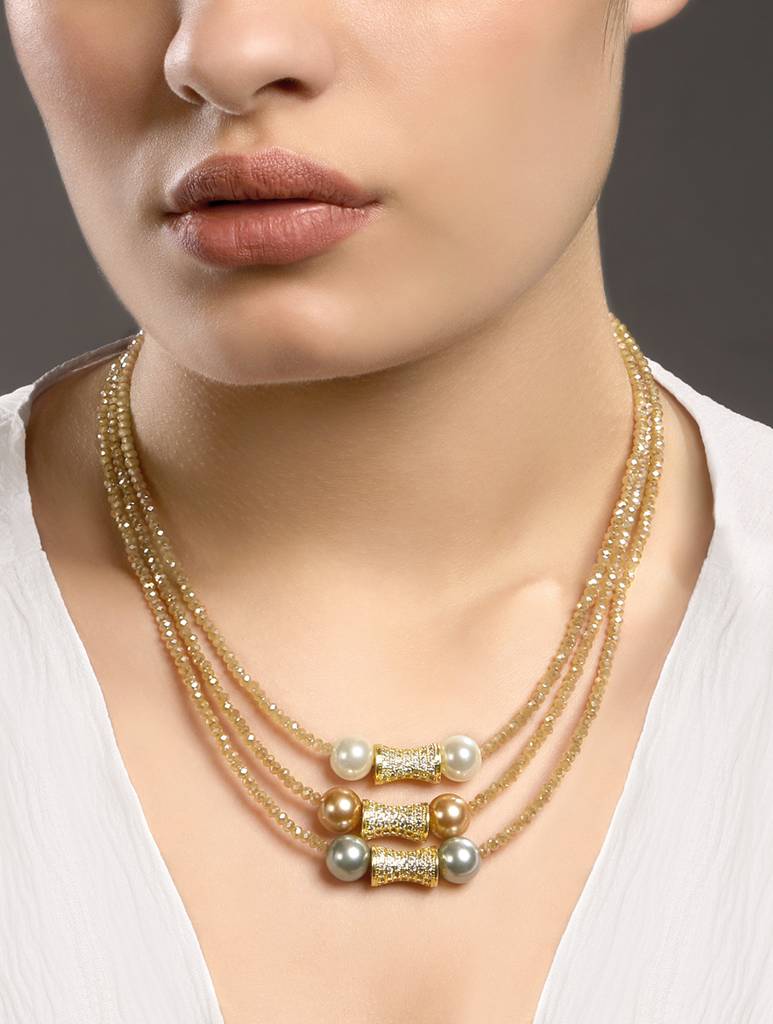 Micron Gold Polish Brass Zirconia Shell Pearl Necklaces : HRNS307