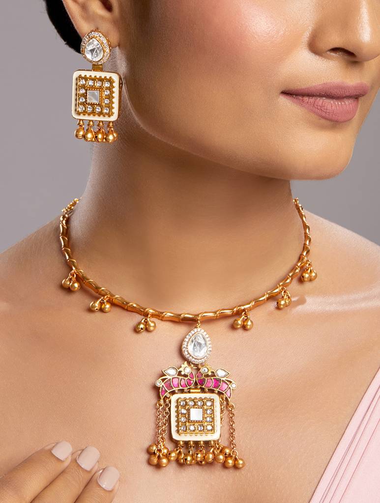 Micron Gold Polish Meena Pearl Jewellery Sets : HRNS311