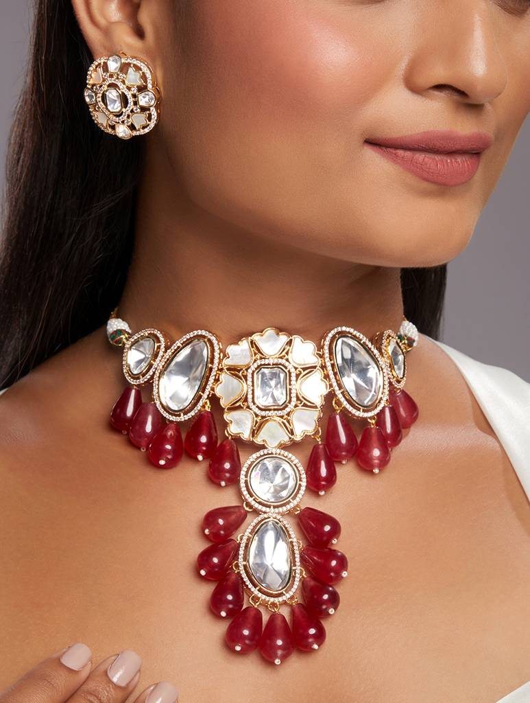 Gold-Polish Zirconia Onyx Pearl Jewellery Sets : HRNS329