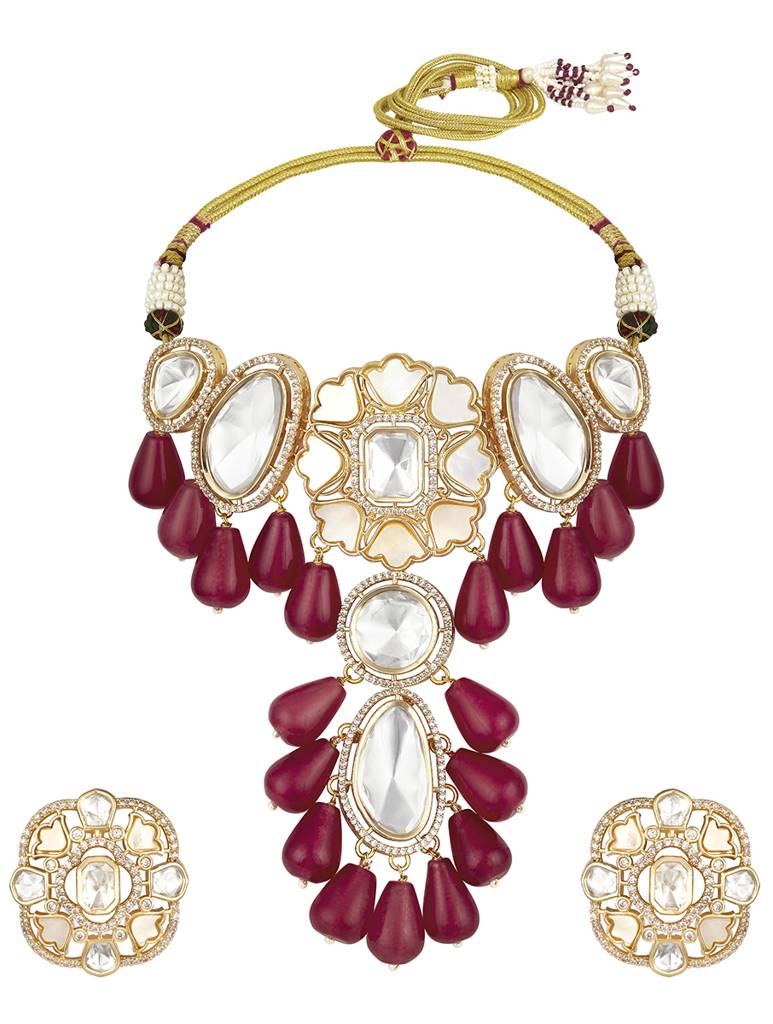Gold-Polish Zirconia Onyx Pearl Jewellery Sets : HRNS329