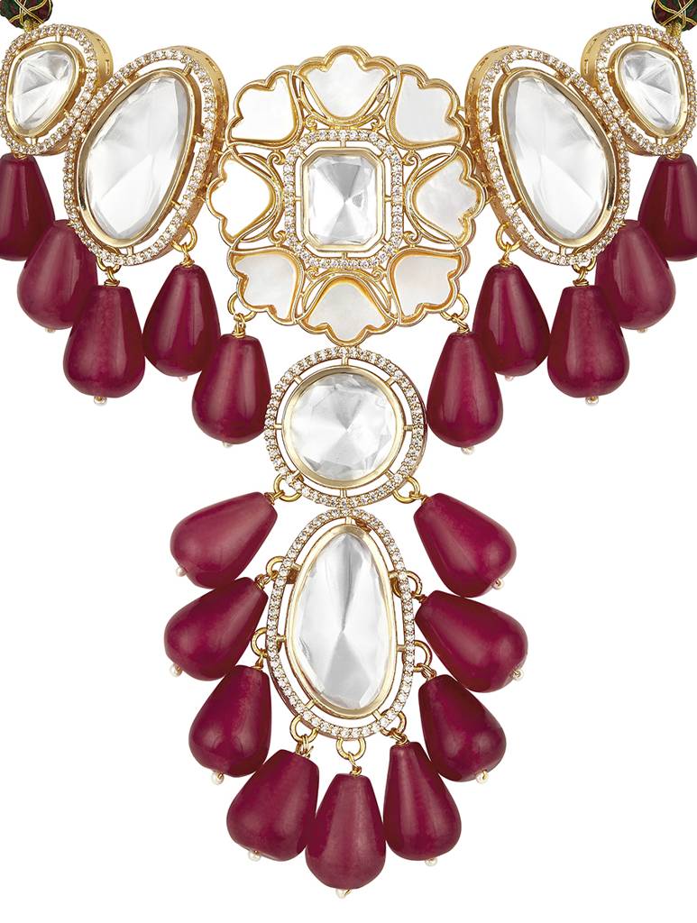 Gold-Polish Zirconia Onyx Pearl Jewellery Sets : HRNS329