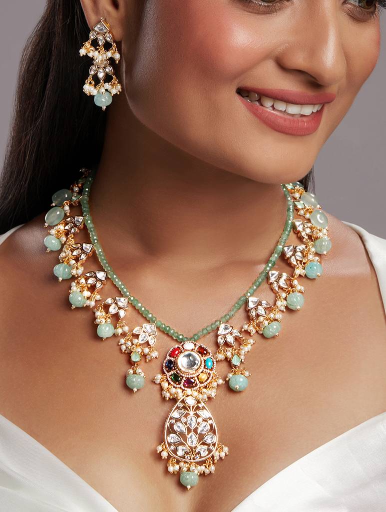 Micron Gold Polish Brass Navratna Onyx Pearl Jewellery Sets : HRNS331