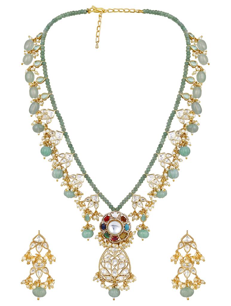 Micron Gold Polish Brass Navratna Onyx Pearl Jewellery Sets : HRNS331