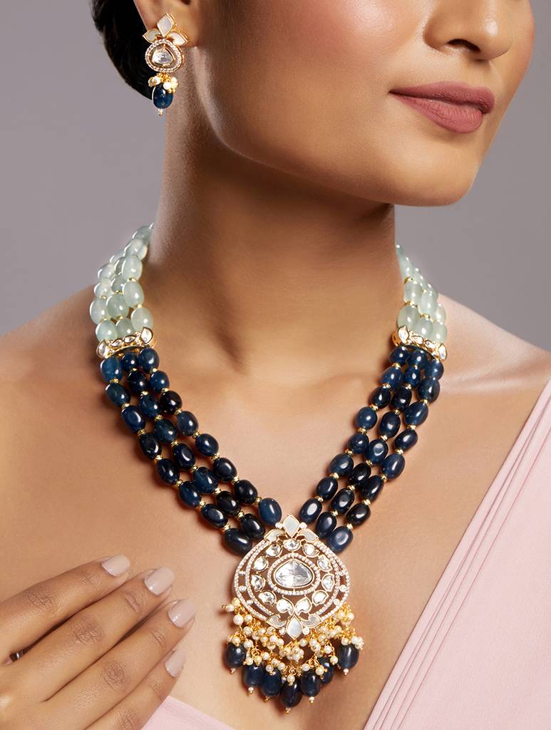 Gold Polish Zirconia Onyx Pearl Jewellery Sets : HRNS334