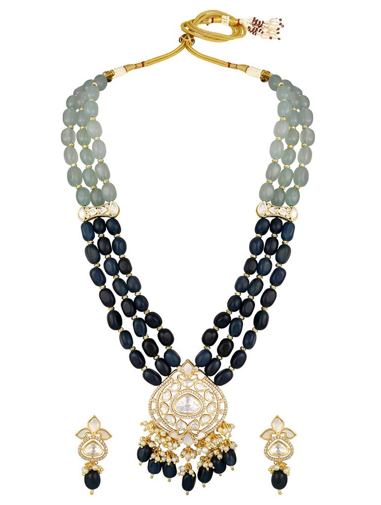 Gold Polish Zirconia Onyx Pearl Jewellery Sets : HRNS334