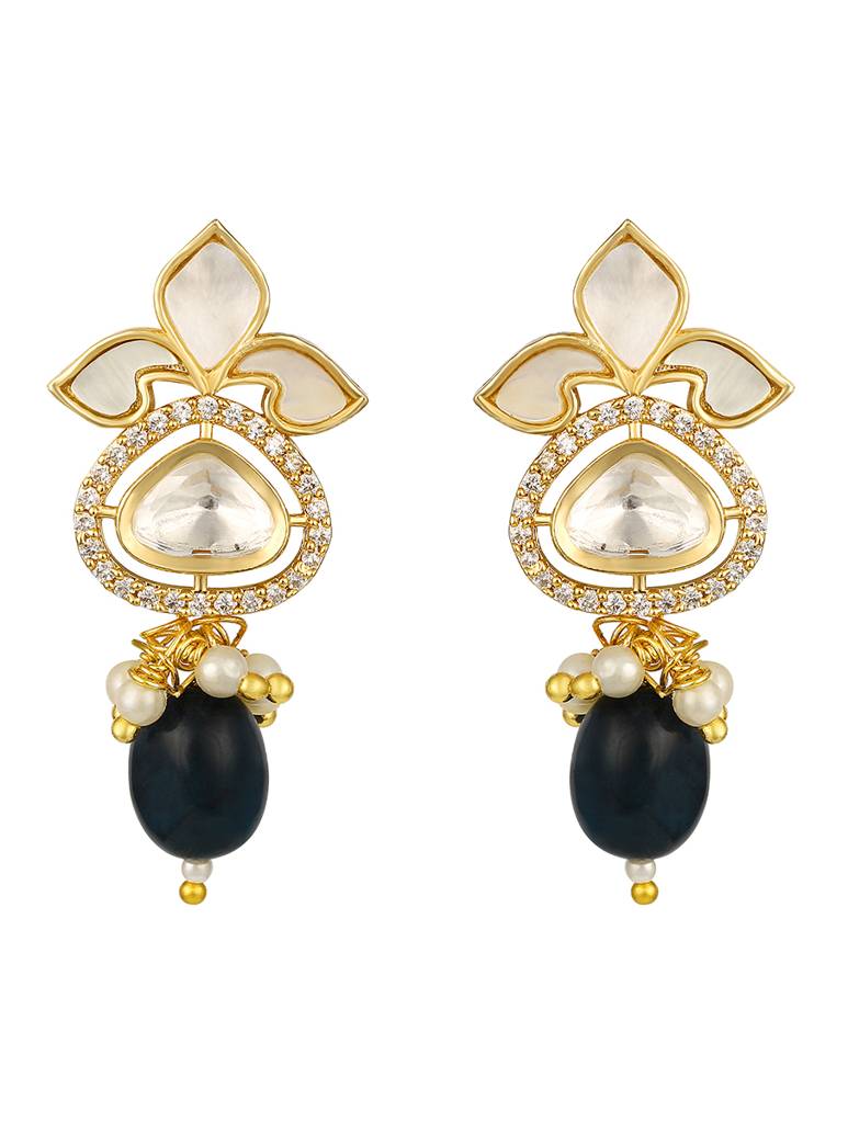 Gold Polish Zirconia Onyx Pearl Jewellery Sets : HRNS334