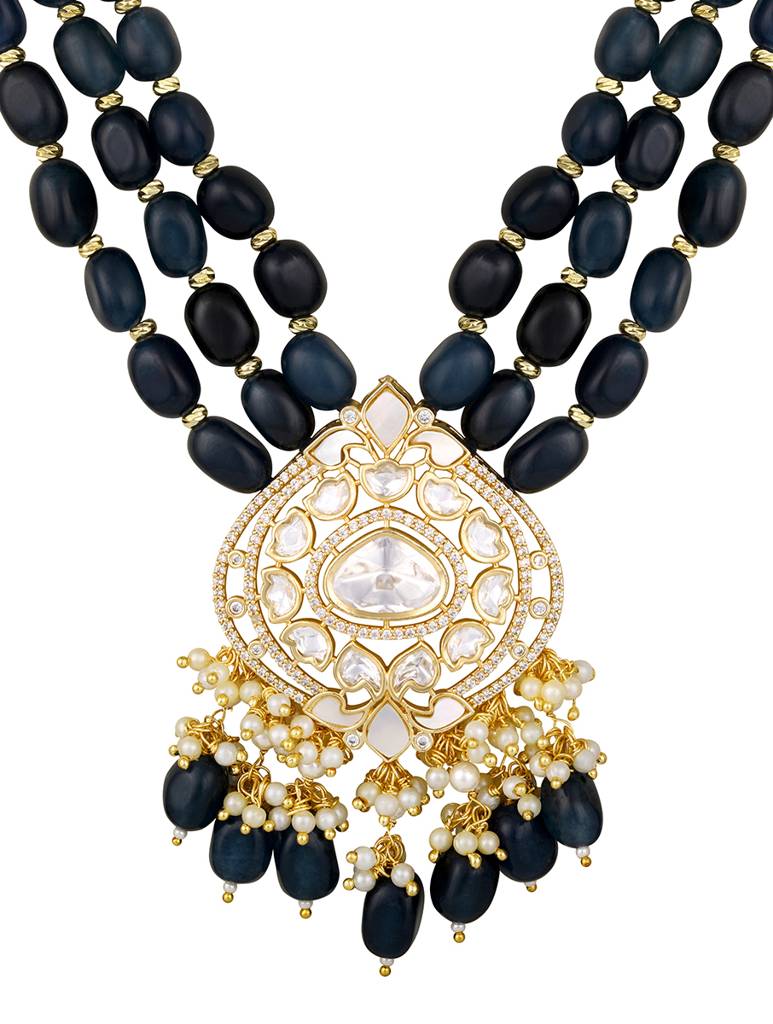 Gold Polish Zirconia Onyx Pearl Jewellery Sets : HRNS334