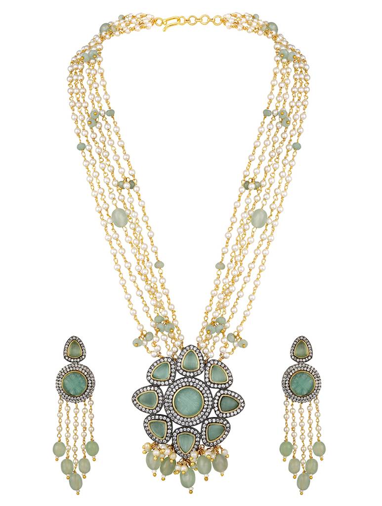 Micron Gold Polish Brass Zirconia Onyx Pearl Jewellery Sets : HRNS336
