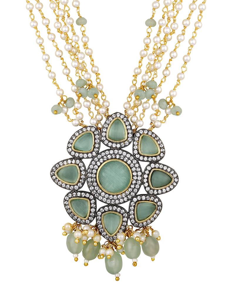 Micron Gold Polish Brass Zirconia Onyx Pearl Jewellery Sets : HRNS336