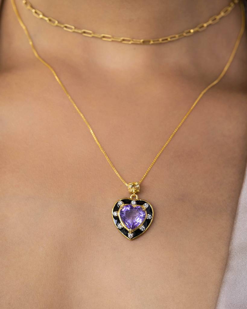 Amethyst And Citrine Heart Pendant With Black Enamel : HRT-PE-02