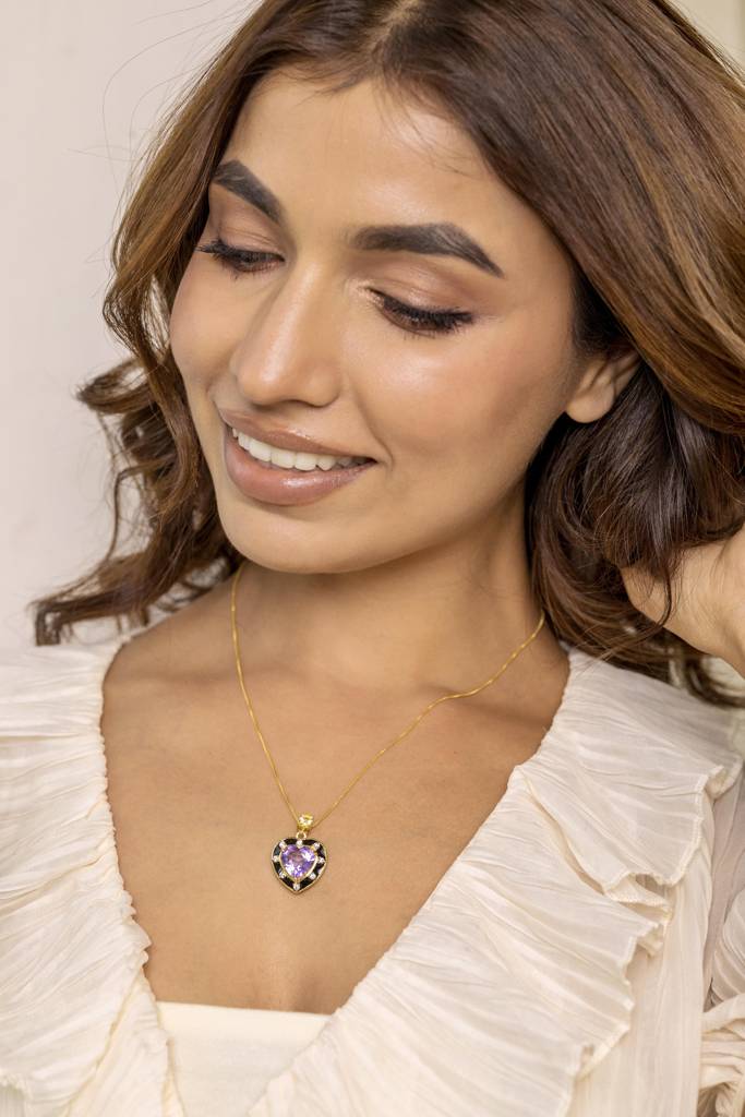 Amethyst And Citrine Heart Pendant With Black Enamel : HRT-PE-02