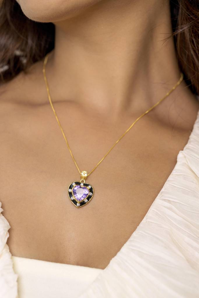 Amethyst And Citrine Heart Pendant With Black Enamel : HRT-PE-02