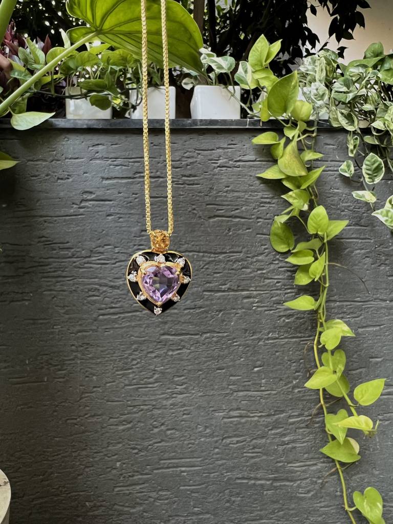 Amethyst And Citrine Heart Pendant With Black Enamel : HRT-PE-02