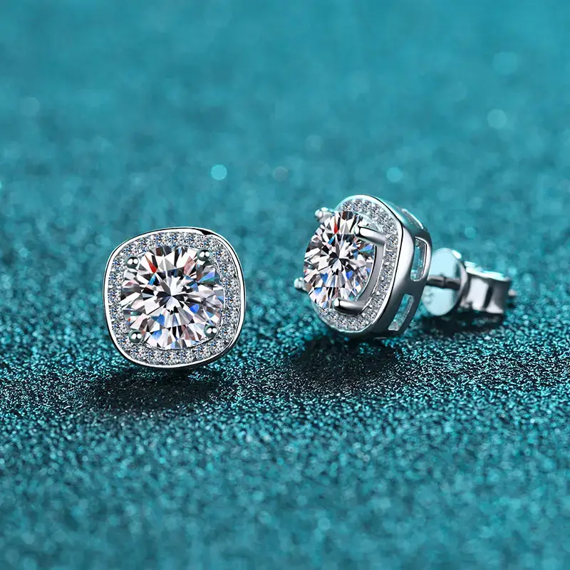 2 Ct / Pair Starlight Squared Halo Bliss Solitaire Studs Moissanite Earrings; Sterling Silver; Gra C : SquaredHalo_2ct_BX266-E