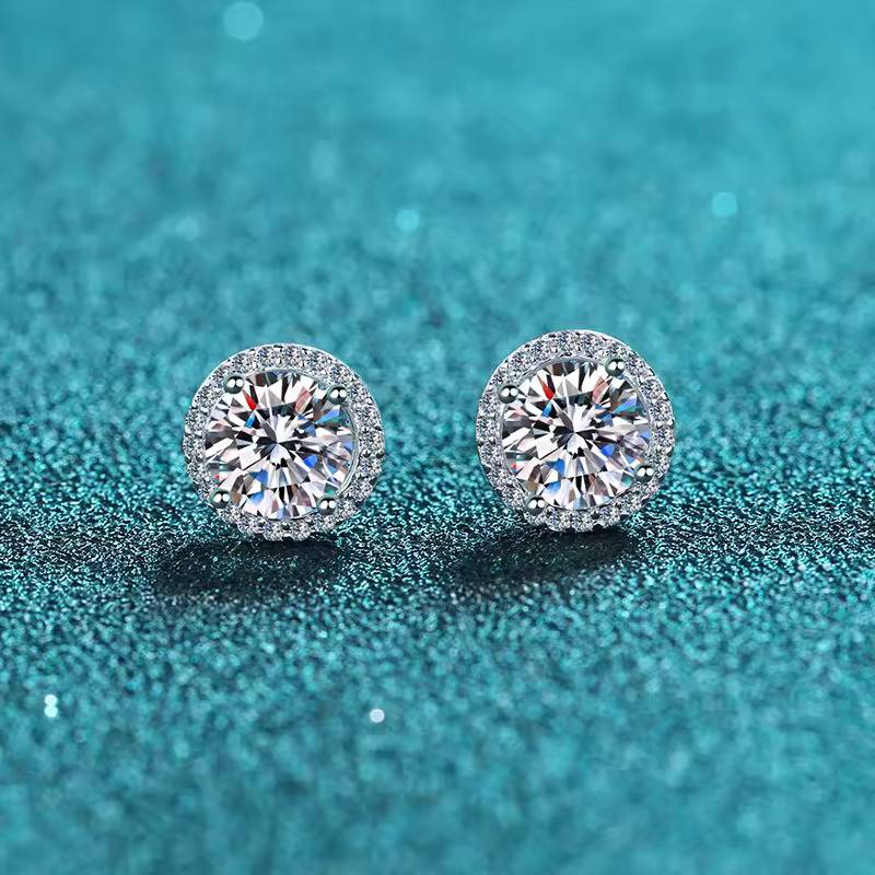 4 Ct / Pair Halo Bliss Solitaire Studs Moissanite Earrings : RoundHalo_4ct